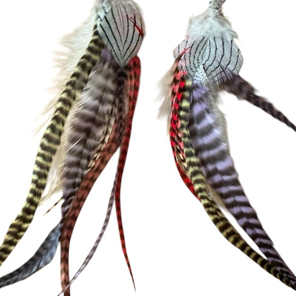 Boho Handmade Rooster Grizzly Feather Long Color Handmade Earrings #5 - Picture 4 of 6